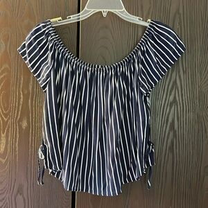 Divided capped sleeved navy/ white striped top. Size 12.